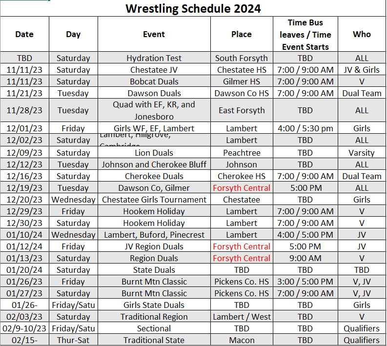 2023 FCHS Wrestling Schedule